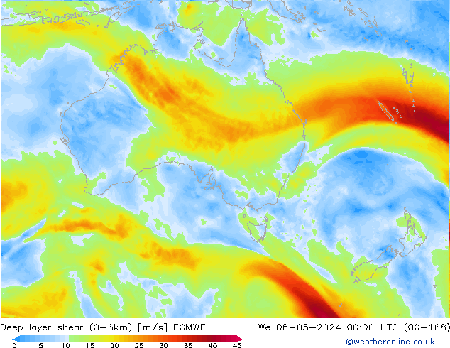 Deep layer shear (0-6km) ECMWF Çar 08.05.2024 00 UTC