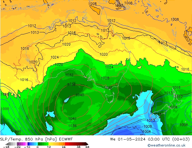 SLP/Temp. 850 hPa ECMWF mer 01.05.2024 03 UTC