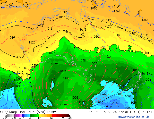 SLP/Temp. 850 hPa ECMWF mer 01.05.2024 15 UTC