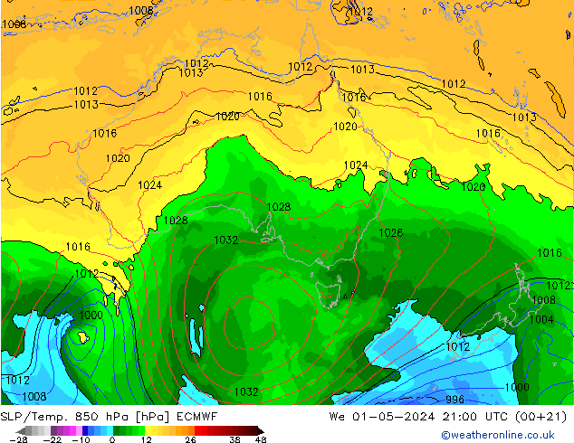 SLP/Temp. 850 hPa ECMWF mer 01.05.2024 21 UTC