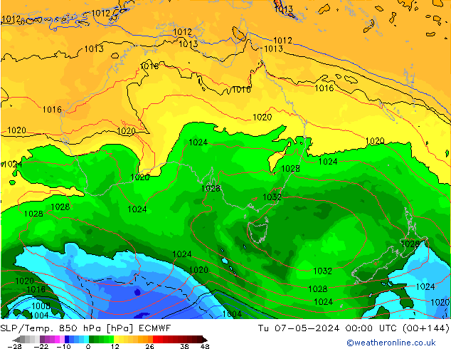 SLP/Temp. 850 hPa ECMWF Tu 07.05.2024 00 UTC