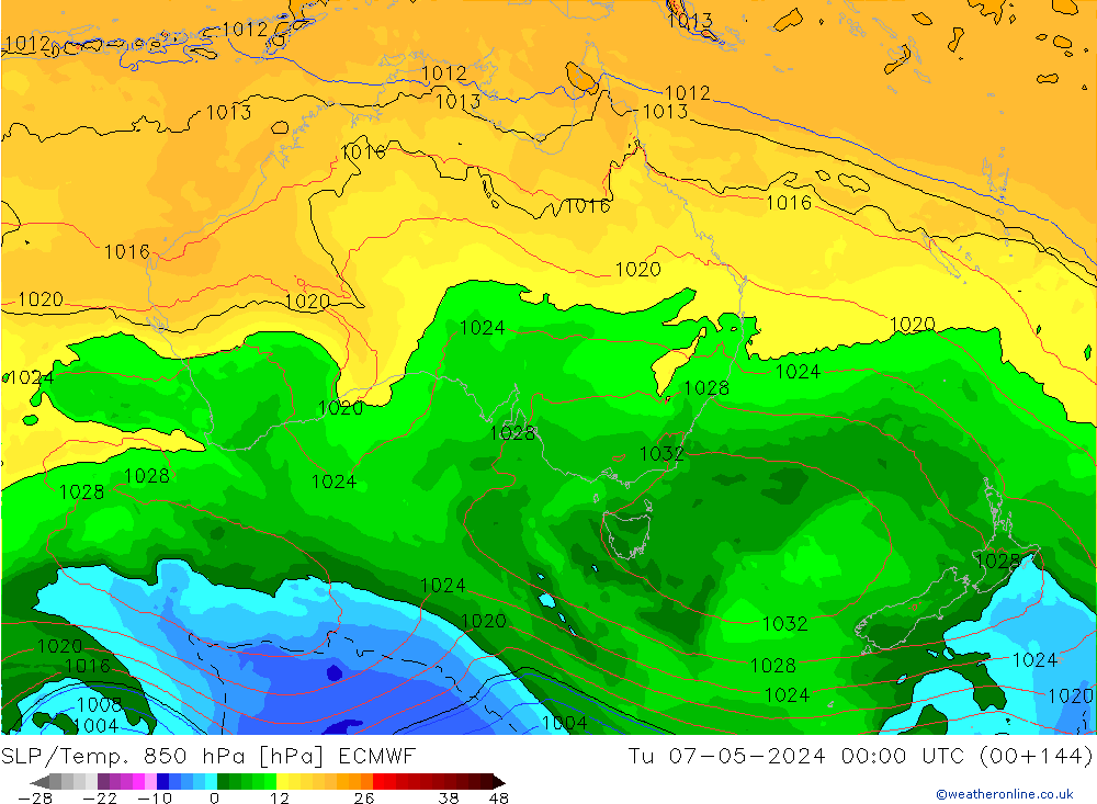 SLP/Temp. 850 hPa ECMWF Tu 07.05.2024 00 UTC