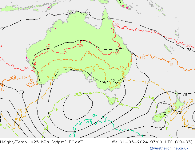 Height/Temp. 925 hPa ECMWF We 01.05.2024 03 UTC