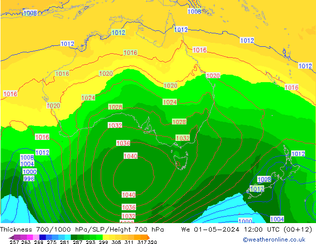 Thck 700-1000 hPa ECMWF śro. 01.05.2024 12 UTC