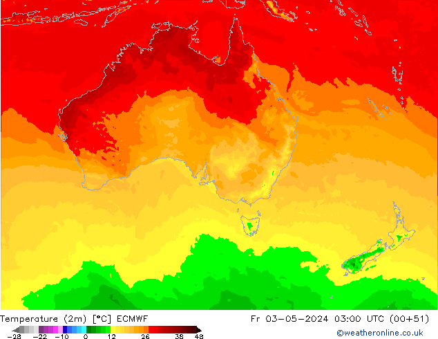 Temperaturkarte (2m) ECMWF Fr 03.05.2024 03 UTC