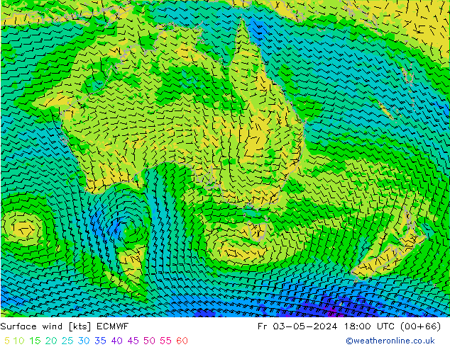 Vento 10 m ECMWF ven 03.05.2024 18 UTC