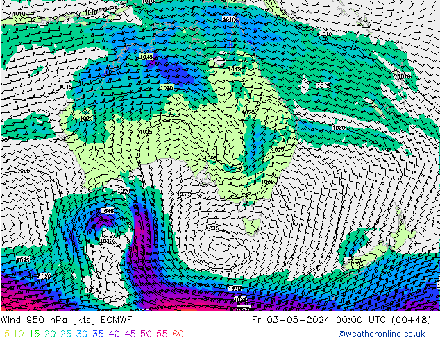 Rüzgar 950 hPa ECMWF Cu 03.05.2024 00 UTC