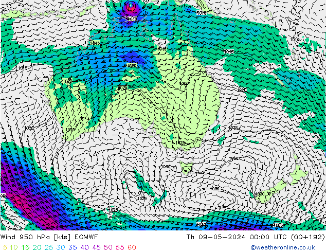 Rüzgar 950 hPa ECMWF Per 09.05.2024 00 UTC