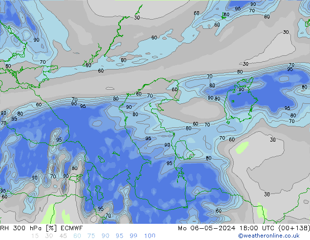 RH 300 hPa ECMWF Mo 06.05.2024 18 UTC