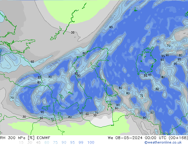 RH 300 hPa ECMWF śro. 08.05.2024 00 UTC