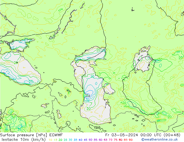 Isotachs (kph) ECMWF Pá 03.05.2024 00 UTC