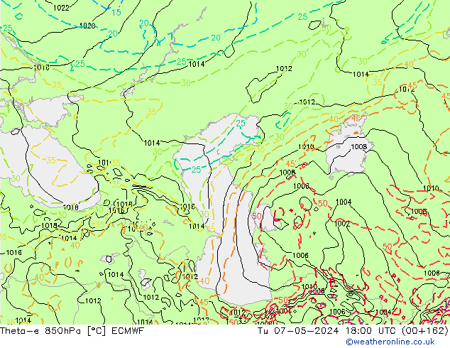 Theta-e 850hPa ECMWF Tu 07.05.2024 18 UTC