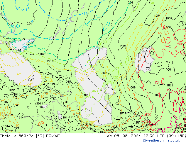 Theta-e 850hPa ECMWF We 08.05.2024 12 UTC