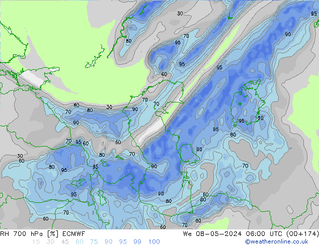 RH 700 hPa ECMWF śro. 08.05.2024 06 UTC