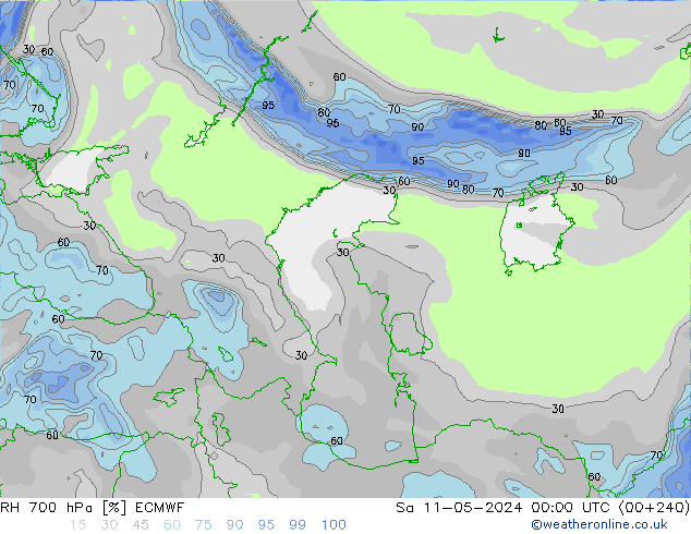 RH 700 гПа ECMWF сб 11.05.2024 00 UTC