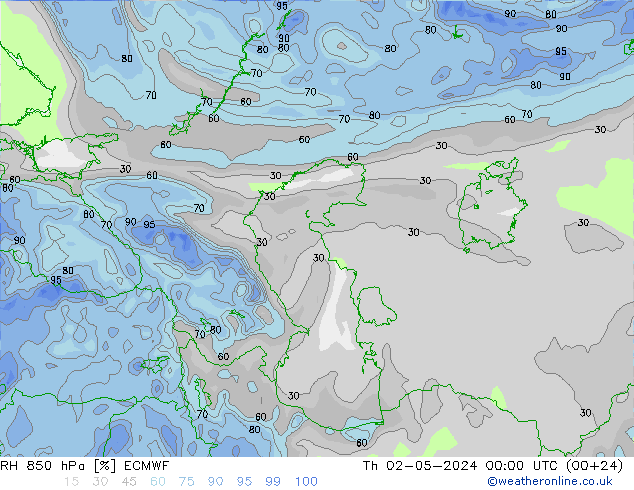 Humidité rel. 850 hPa ECMWF jeu 02.05.2024 00 UTC