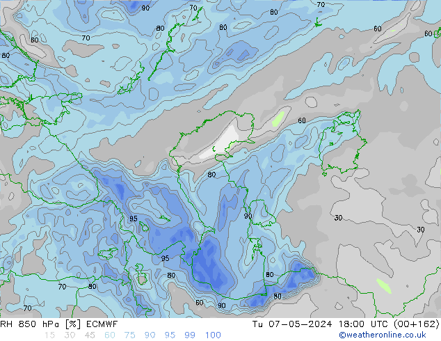 RH 850 hPa ECMWF Tu 07.05.2024 18 UTC