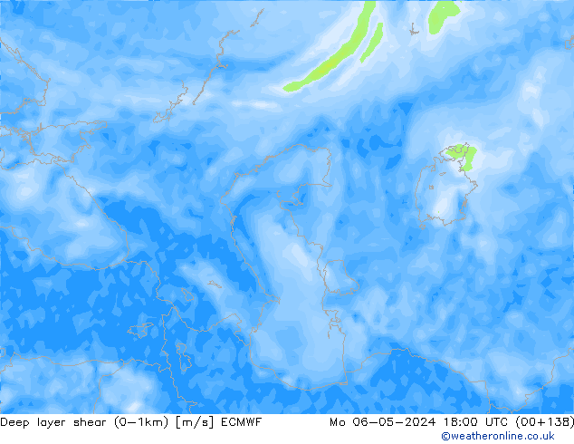 Deep layer shear (0-1km) ECMWF Mo 06.05.2024 18 UTC