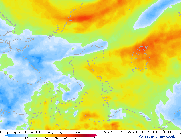 Deep layer shear (0-6km) ECMWF Mo 06.05.2024 18 UTC