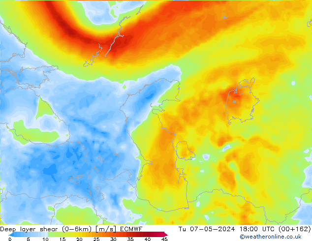 Deep layer shear (0-6km) ECMWF Tu 07.05.2024 18 UTC