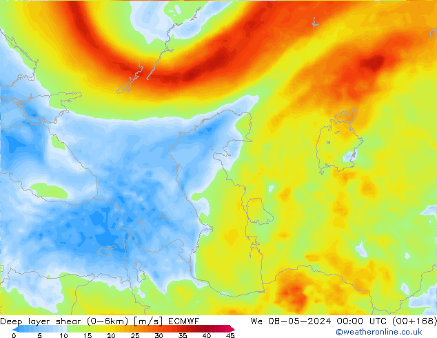 Deep layer shear (0-6km) ECMWF śro. 08.05.2024 00 UTC