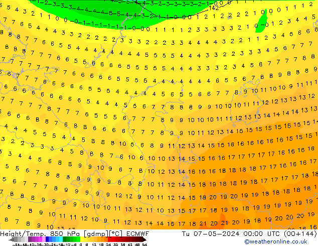 Height/Temp. 850 гПа ECMWF вт 07.05.2024 00 UTC