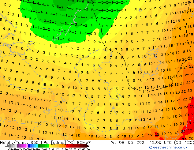 Height/Temp. 850 hPa ECMWF śro. 08.05.2024 12 UTC