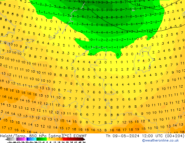 Z500/Rain (+SLP)/Z850 ECMWF gio 09.05.2024 12 UTC