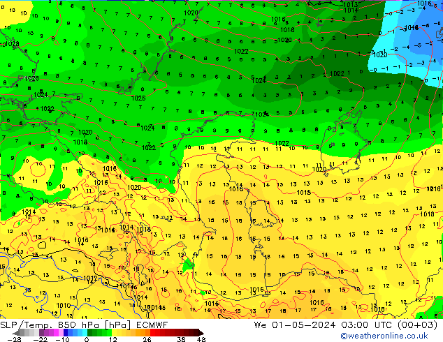 SLP/Temp. 850 hPa ECMWF Mi 01.05.2024 03 UTC