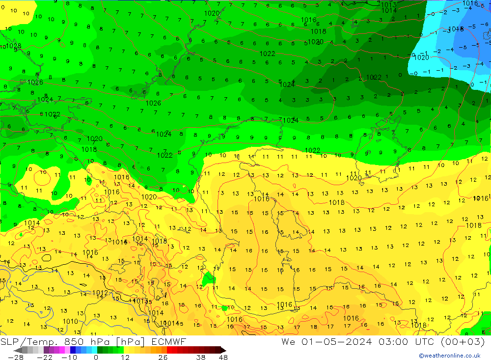 SLP/Temp. 850 hPa ECMWF Mi 01.05.2024 03 UTC