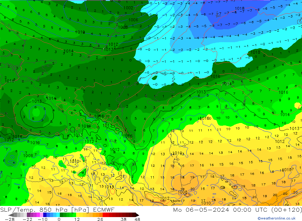 SLP/Temp. 850 hPa ECMWF Seg 06.05.2024 00 UTC