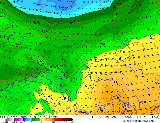 SLP/Temp. 850 hPa ECMWF Tu 07.05.2024 06 UTC