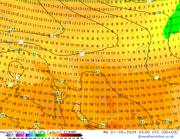 Height/Temp. 925 hPa ECMWF śro. 01.05.2024 03 UTC