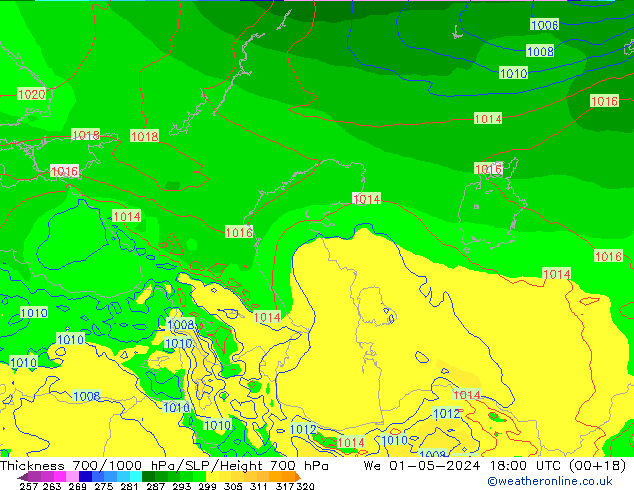 Espesor 700-1000 hPa ECMWF mié 01.05.2024 18 UTC