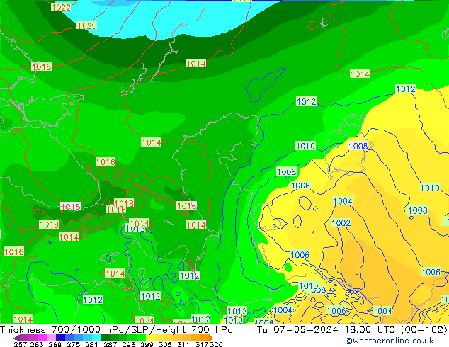 Thck 700-1000 hPa ECMWF Tu 07.05.2024 18 UTC