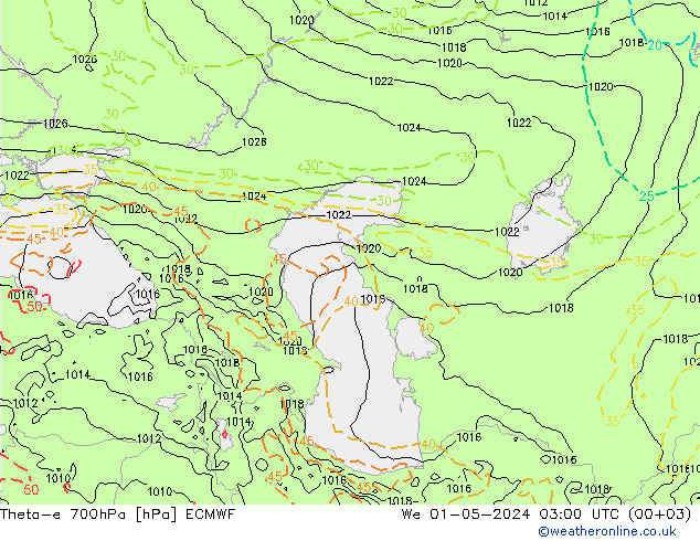 Theta-e 700hPa ECMWF We 01.05.2024 03 UTC