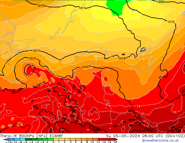 Theta-W 850гПа ECMWF Вс 05.05.2024 06 UTC