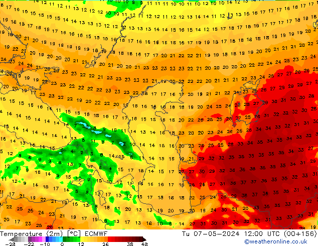 Temperatuurkaart (2m) ECMWF di 07.05.2024 12 UTC