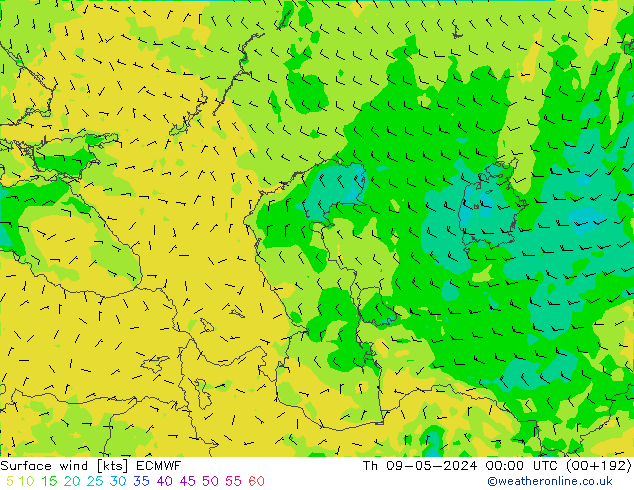 Vento 10 m ECMWF Qui 09.05.2024 00 UTC