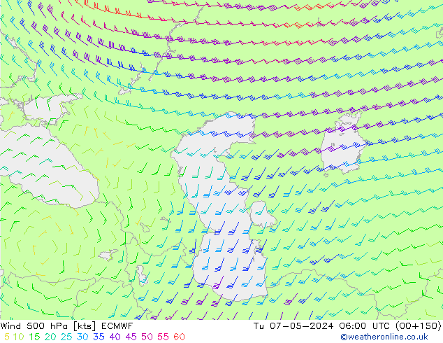 Wind 500 hPa ECMWF Tu 07.05.2024 06 UTC