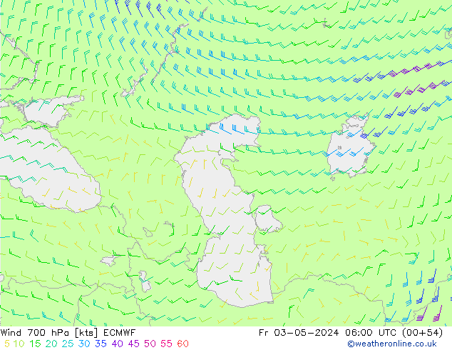 Wind 700 hPa ECMWF Pá 03.05.2024 06 UTC