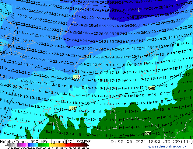 Height/Temp. 500 hPa ECMWF nie. 05.05.2024 18 UTC