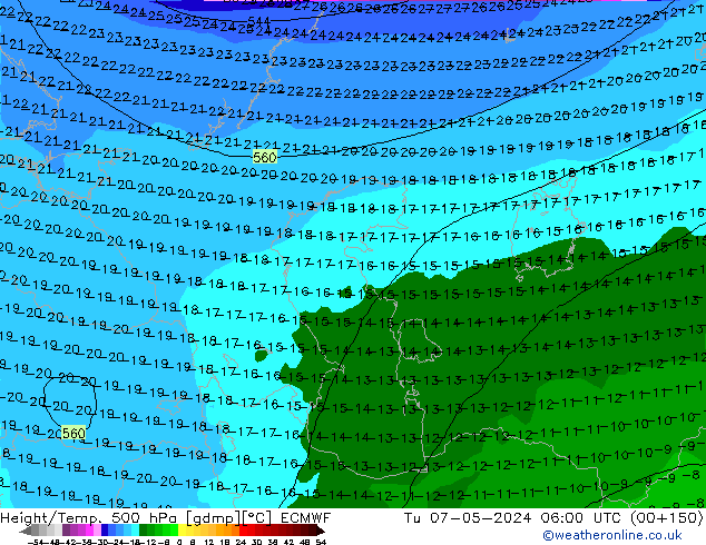 Z500/Rain (+SLP)/Z850 ECMWF wto. 07.05.2024 06 UTC