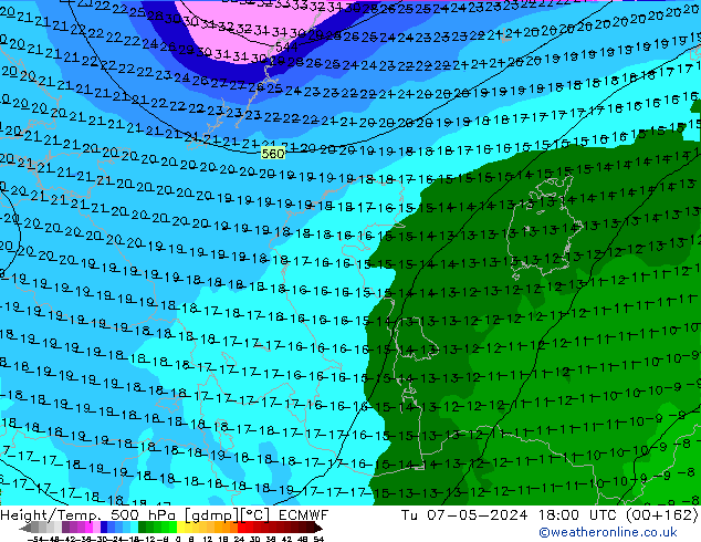 Height/Temp. 500 hPa ECMWF Tu 07.05.2024 18 UTC