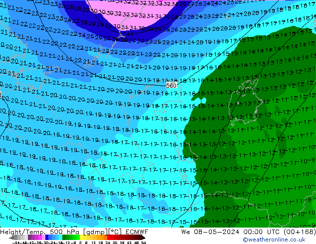 Height/Temp. 500 hPa ECMWF śro. 08.05.2024 00 UTC