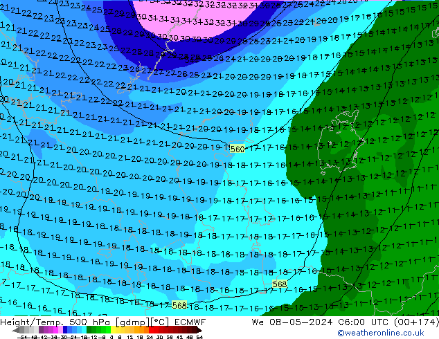 Height/Temp. 500 hPa ECMWF śro. 08.05.2024 06 UTC