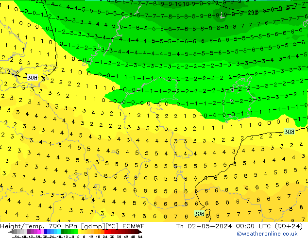 Géop./Temp. 700 hPa ECMWF jeu 02.05.2024 00 UTC