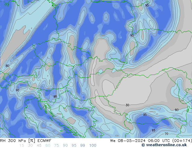 RH 300 гПа ECMWF ср 08.05.2024 06 UTC