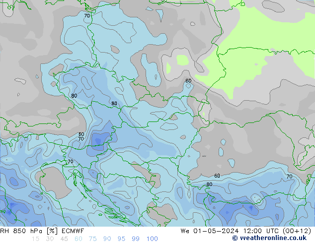 RH 850 hPa ECMWF śro. 01.05.2024 12 UTC