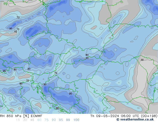 RH 850 hPa ECMWF czw. 09.05.2024 06 UTC